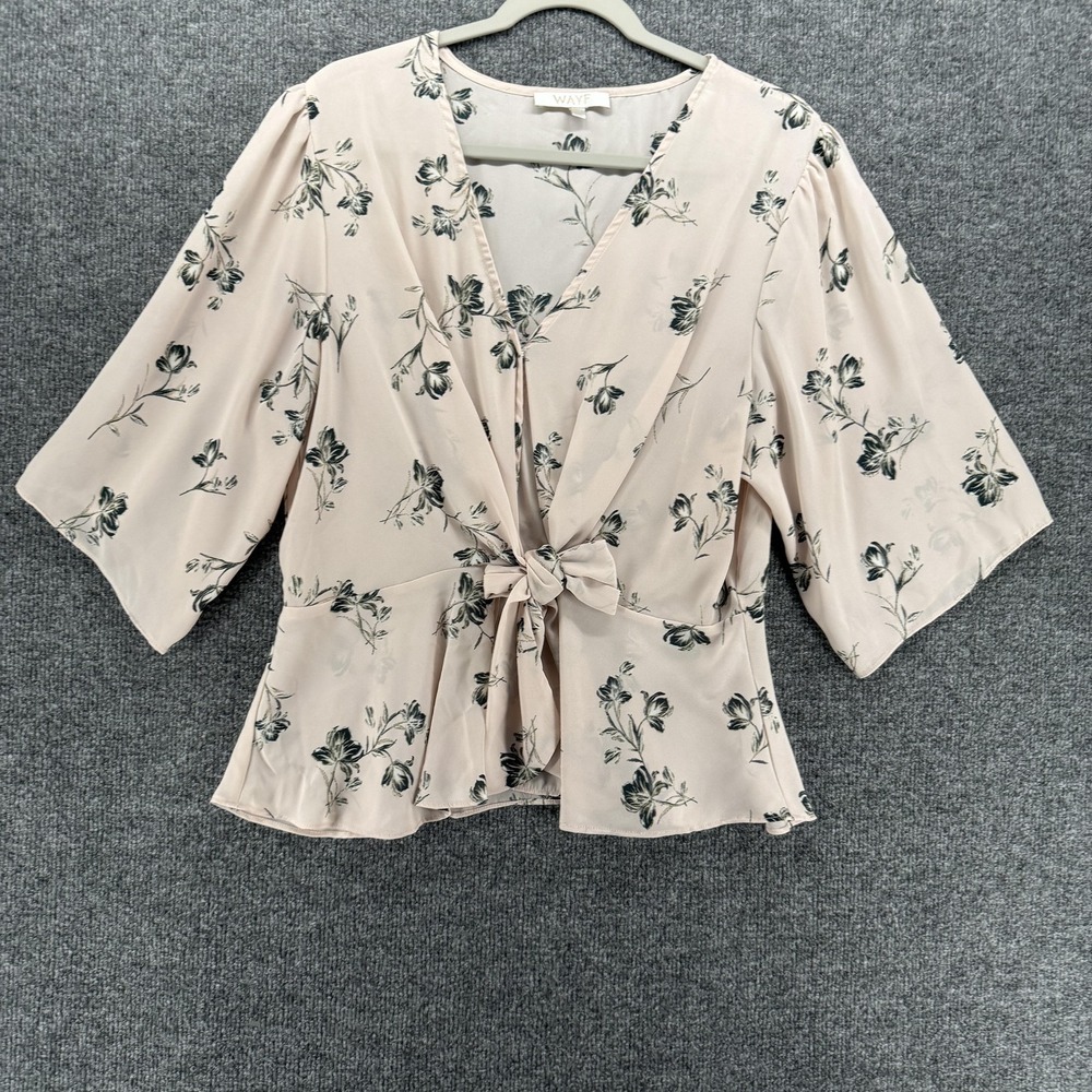 WAYF Blouse Womens XL Pink Floral V Neck Tie Front Peplum 3/4 Sleeve Top
